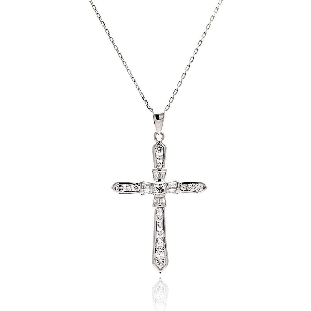 925 Silver Rhodium Plated Cross CZ Necklace