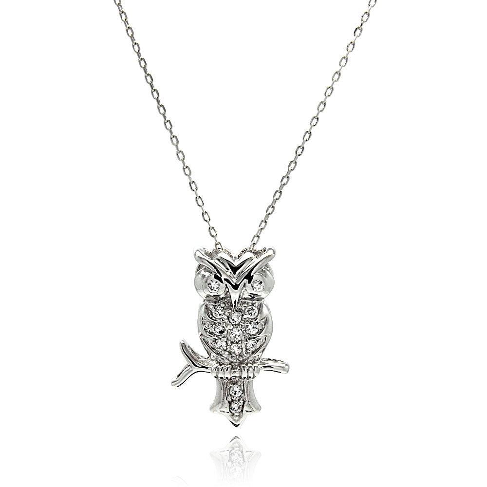 925 Silver Rhodium Plated Owl CZ Necklace
