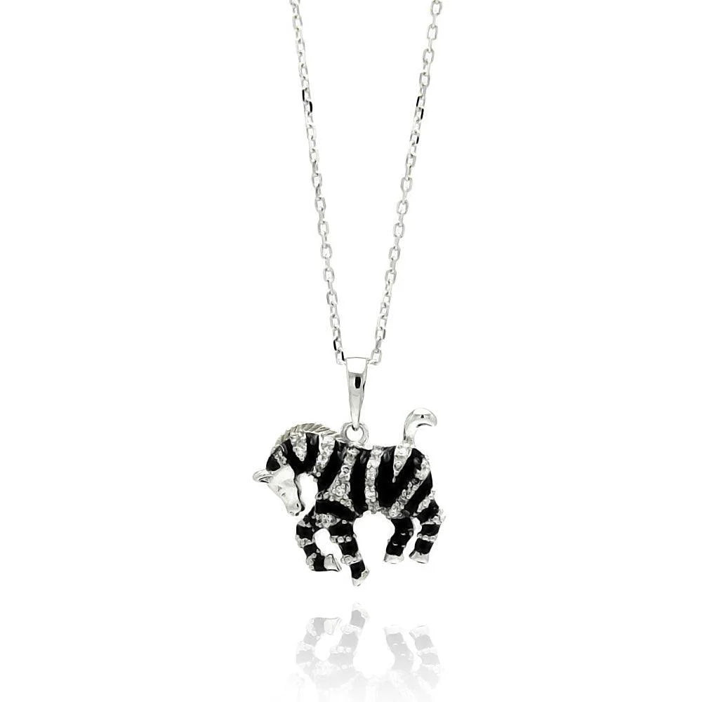 925 Silver Rhodium Plated Black Onyx Zebra CZ Necklace