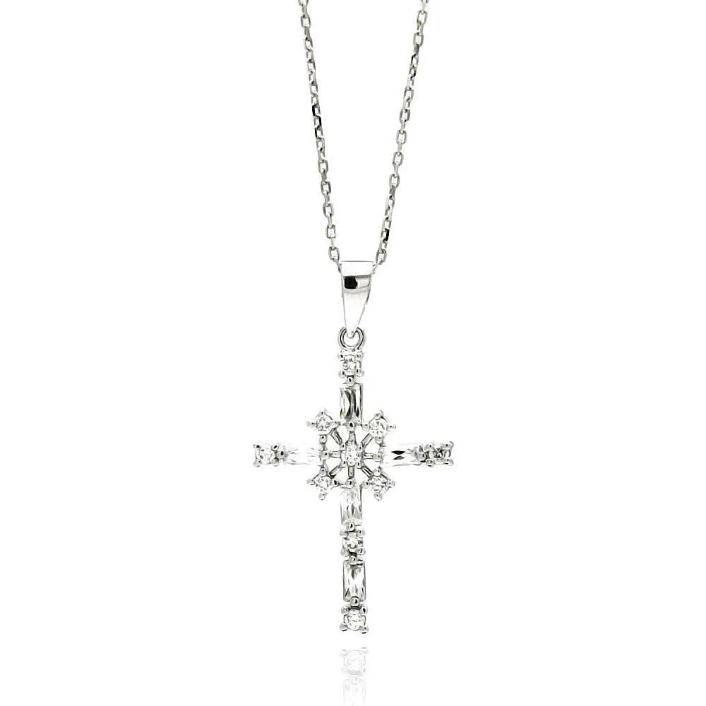 925 Silver Rhodium Plated Cross CZ Necklace