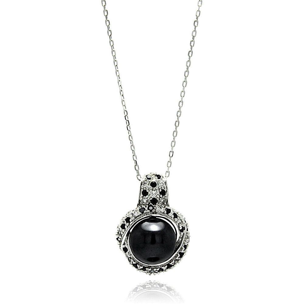 925 Silver Clearance-Rhodium Plated Round CZ Black Center Pearl Necklace