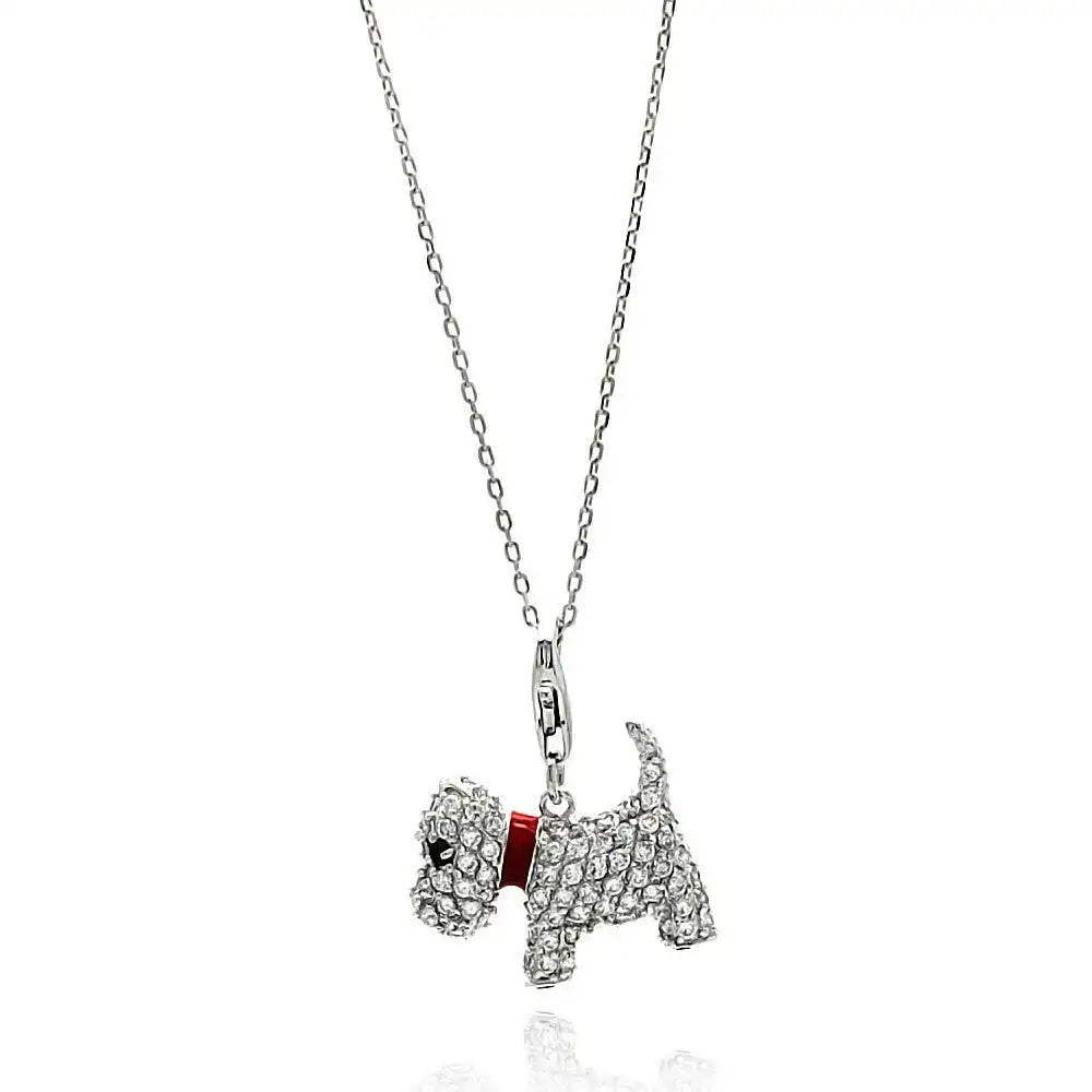 925 Sterling Silver Rhodium Plated Dog CZ Red Enamel Leash Necklace