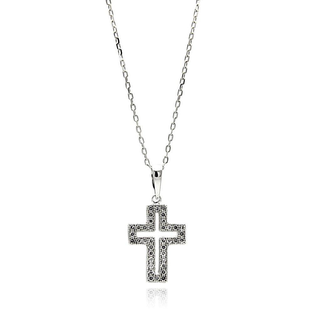 925 Silver Rhodium Plated Open Cross CZ Necklace