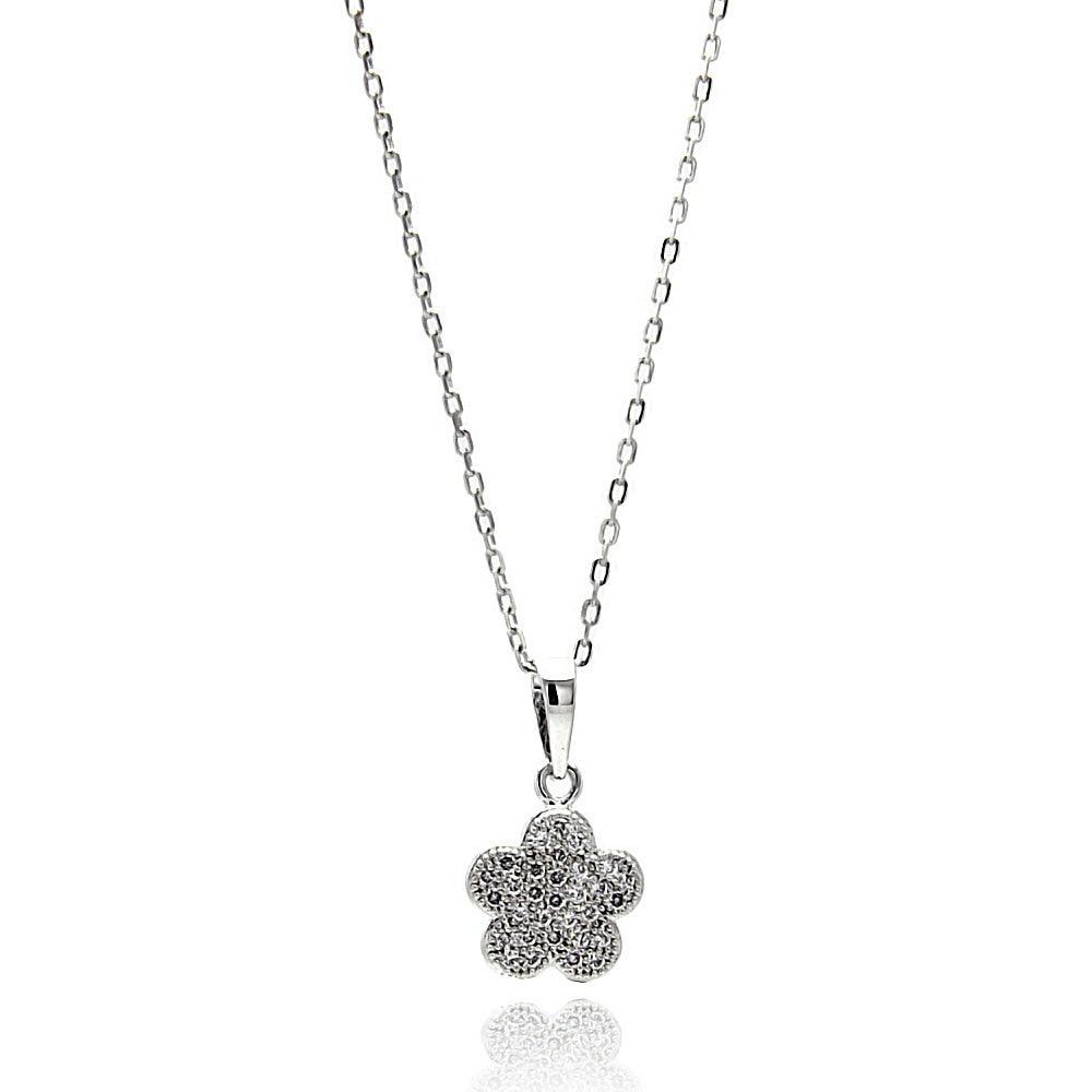 925 Silver Rhodium Plated Micro Pave Flower CZ Necklace