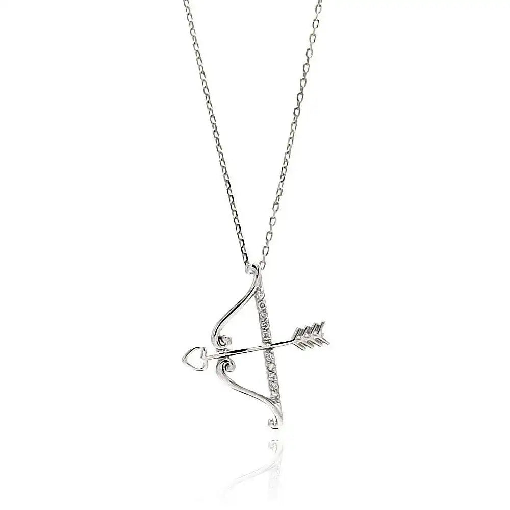 925 Sterling Silver Rhodium Plated Open Bow and Arrow CZ Pendant Necklace