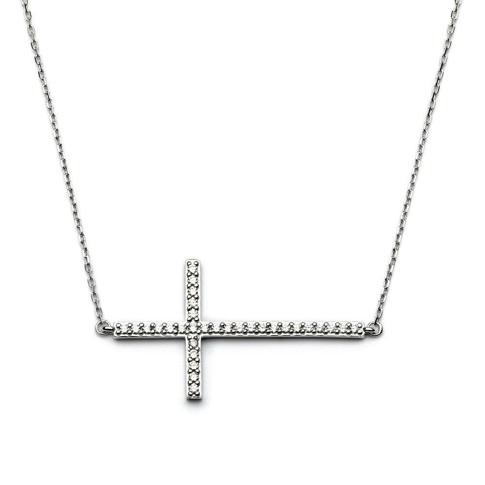 925 Silver Rhodium Plated Sideways Cross CZ Necklace