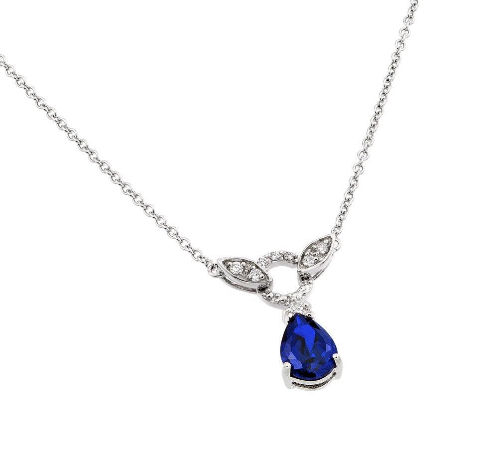 925 Silver Rhodium Plated Blue and Clear CZ Stone Tear Drop Shape Pendant Necklace