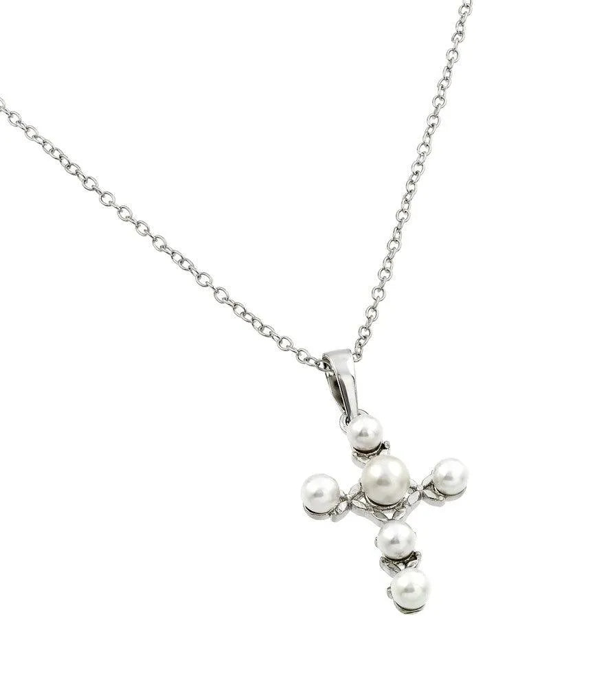 925 Sterling Silver Rhodium Plated Cross Pearl Pendant Necklace