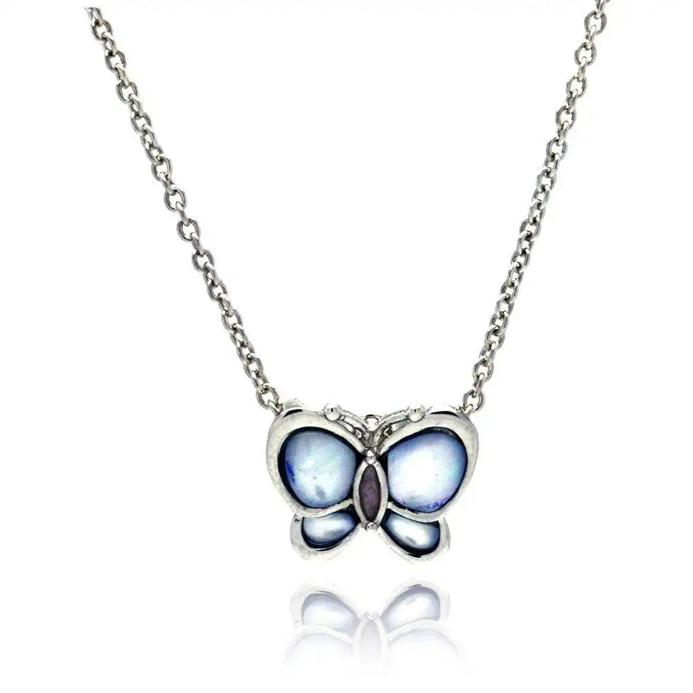 925 Sterling Silver Clearance Rhodium Plated MOP Blue Butterfly Pendant Necklace