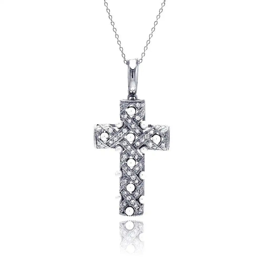 925 Sterling Silver Clear CZ Rhodium Plated Fancy Cross Pendant Necklace