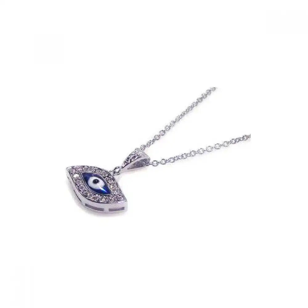 925 Sterling Silver Clear CZ Rhodium Plated Evil Eye Pendant Necklace