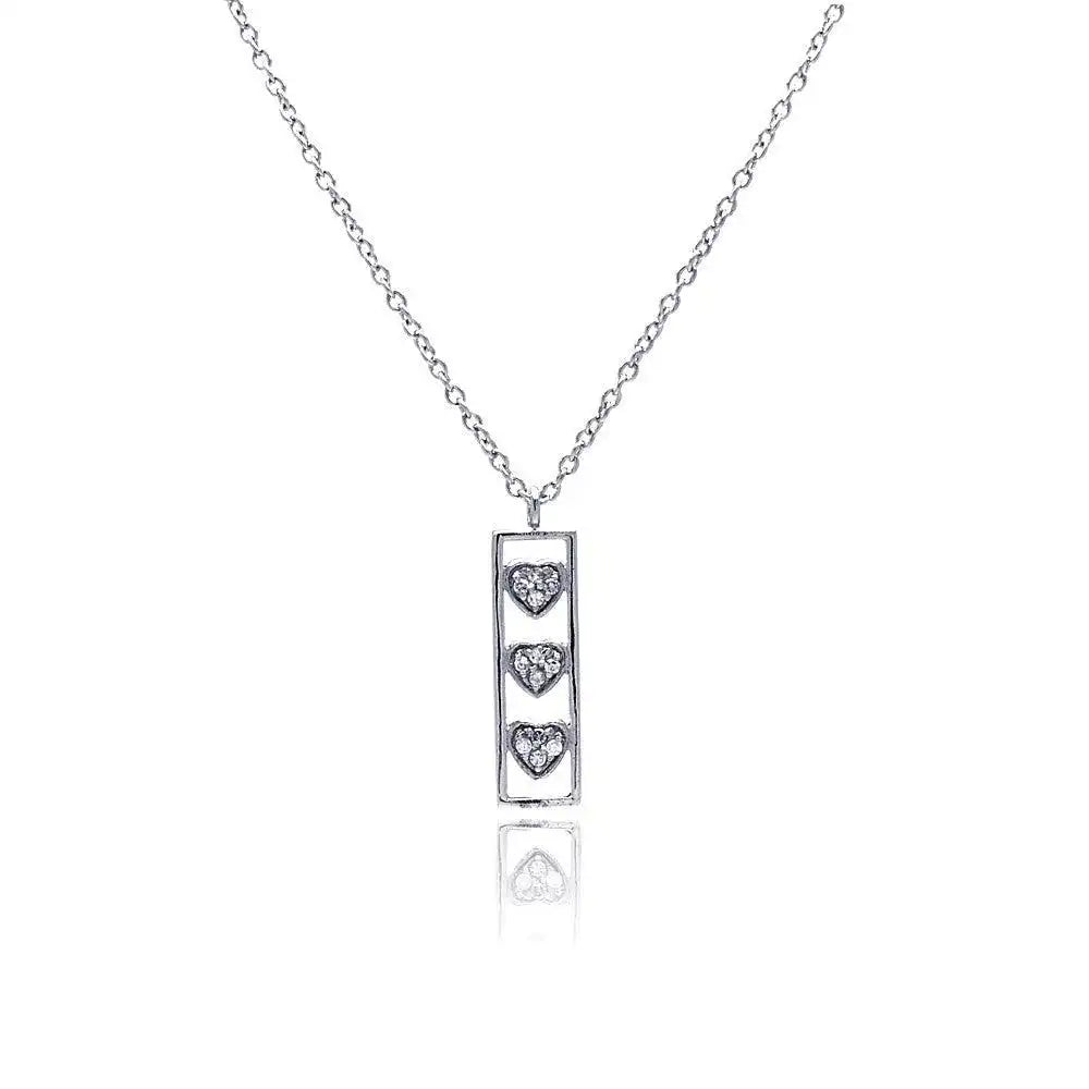 925 Sterling Silver Clear CZ Rhodium Plated Bar Trio Hearts Pendant Necklace