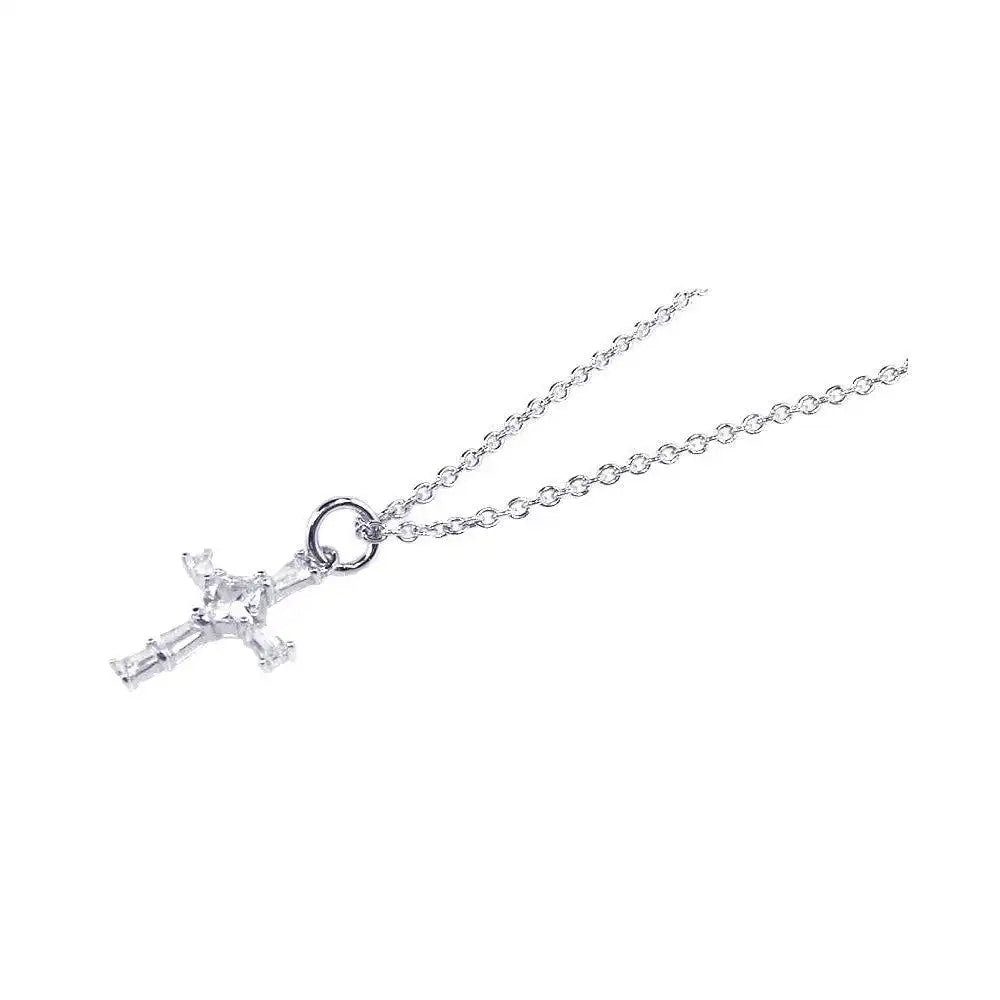 925 Sterling Silver Rhodium Plated Cross Baguette and Square CZ Dangling Ring Necklace