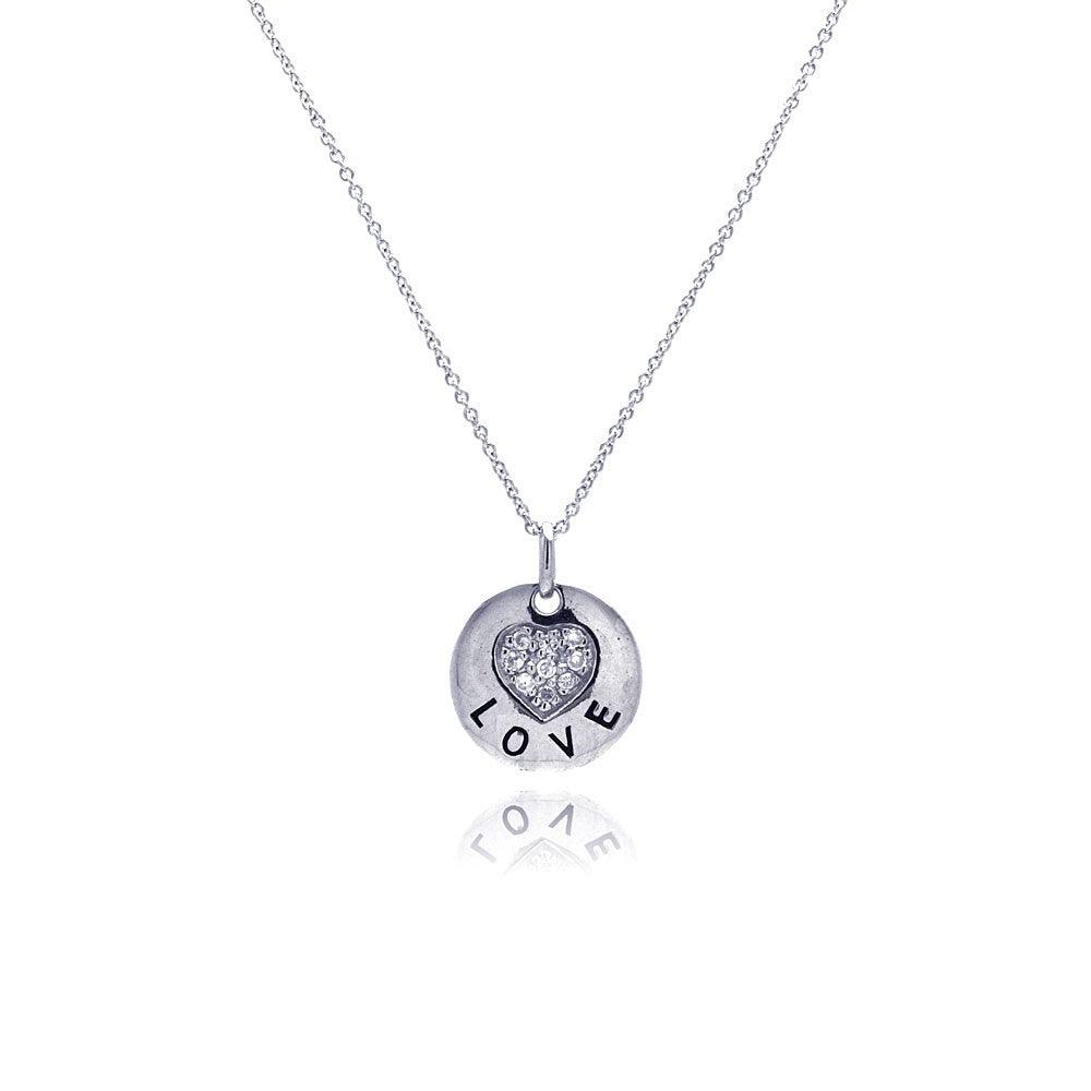 925 Silver Clearance-Rhodium Plated Clear CZ Love Round Pendant Necklace