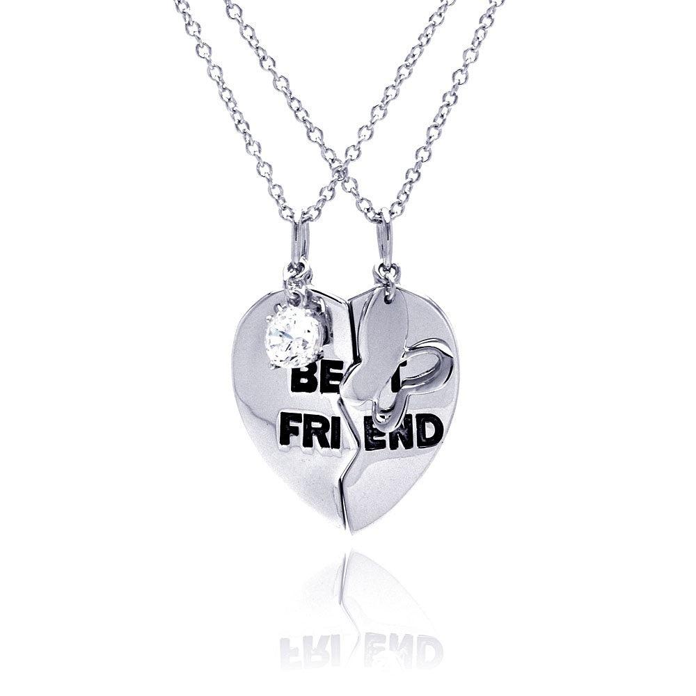 925 Silver Rhodium Plated Clear CZ Best Friend Heart Pendant Necklace