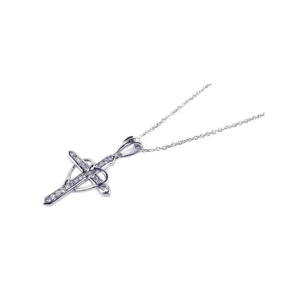 925 Sterling Silver Rhodium Plated Clear CZ Cross Heart Pendant Necklace