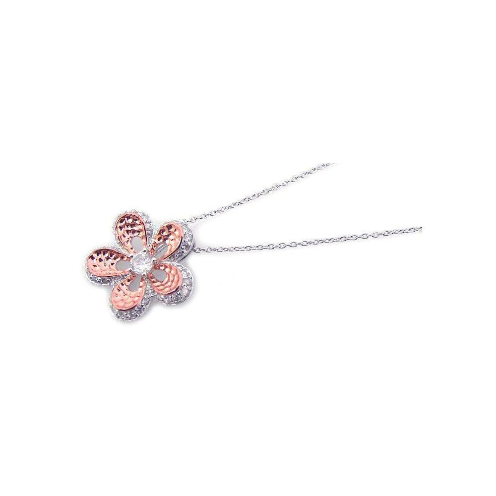 925 Silver Clearance-Rhodium Plated Pink CZ Flower Pendant Necklace