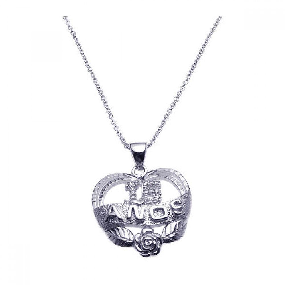 925 Silver Rhodium Plated Clear CZ 15 Quince Pendant Necklace