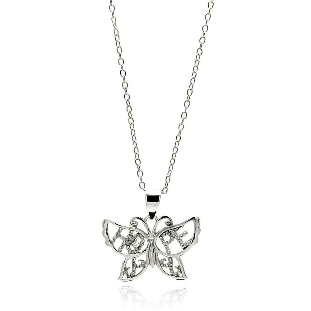 925 Silver Rhodium Plated Clear CZ Butterfly Pendant Necklace