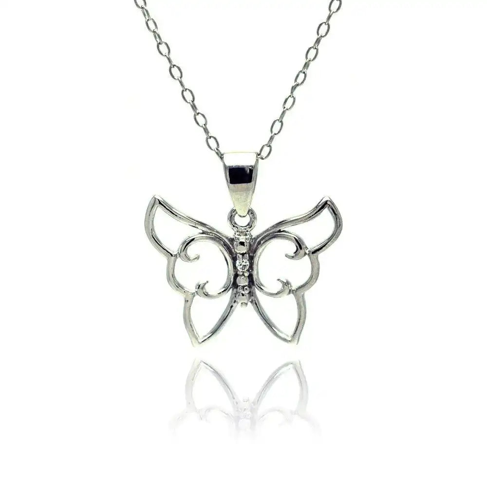 925 Sterling Silver Rhodium Plated Clear CZ Butterfly Pendant Necklace