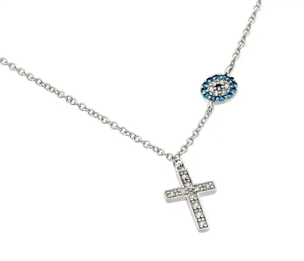 925 Sterling Silver Rhodium Plated Clear CZ Stone Cross with Blue CZ Stone Circle Pendant Necklace