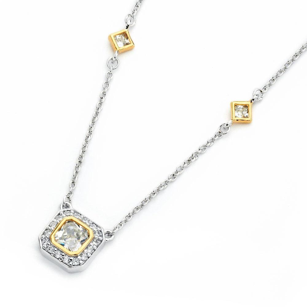 925 Silver Rhodium Plated Square Clear and Gold CZ Necklace