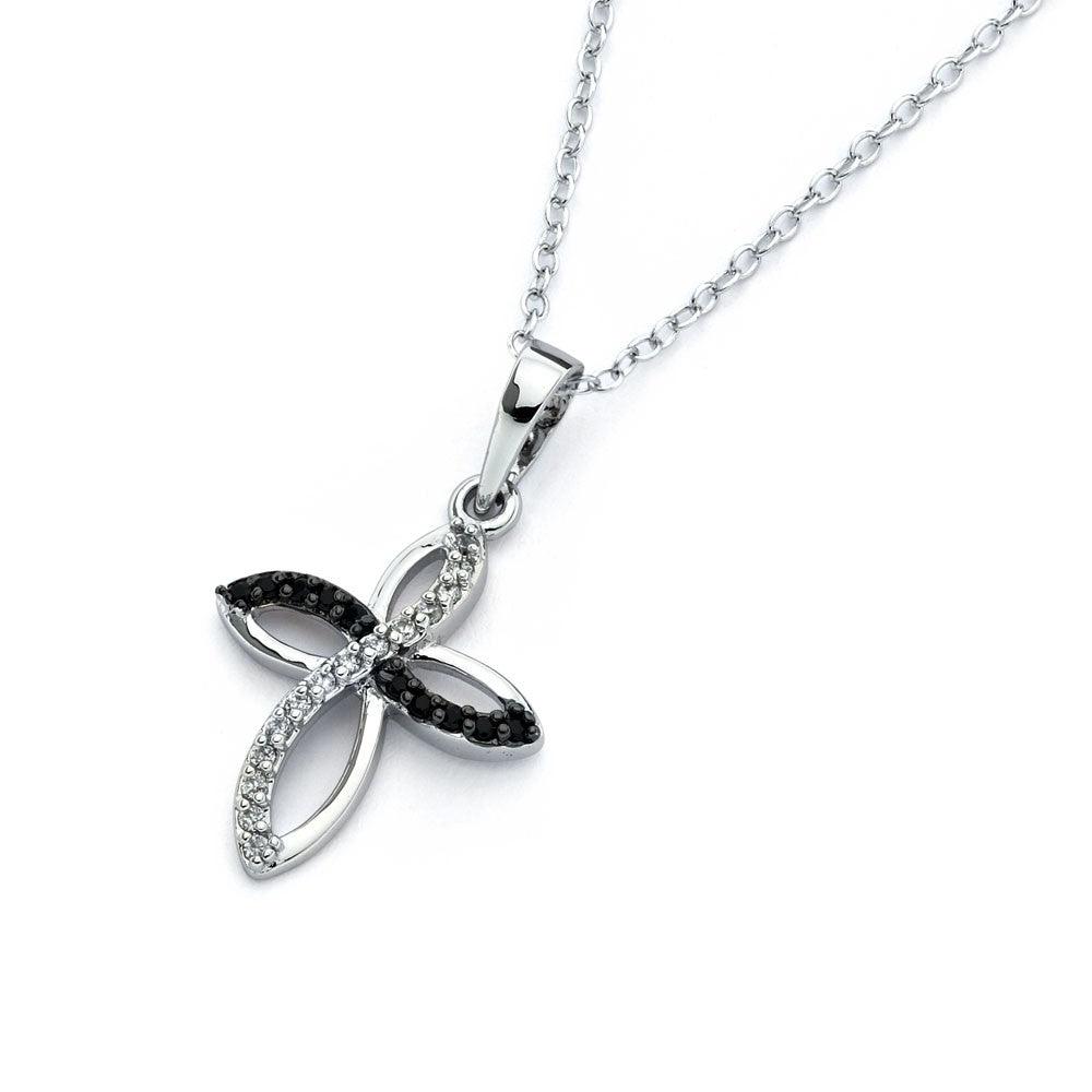 925 Silver Rhodium Plated Black CZ Petal Cross Pendant Necklace