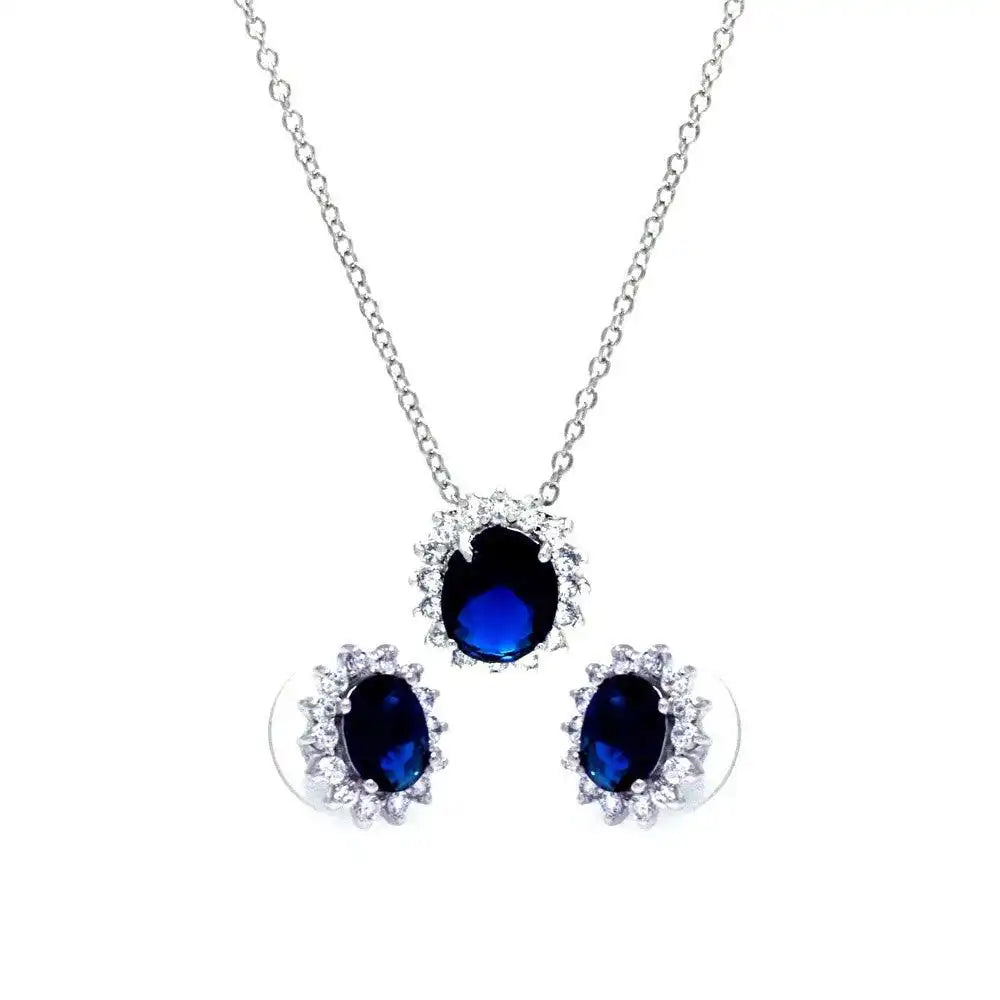 925 Sterling Silver Rhodium Plated Blue and Clear Cluster Oval CZ Stud Earring and Necklace Set
