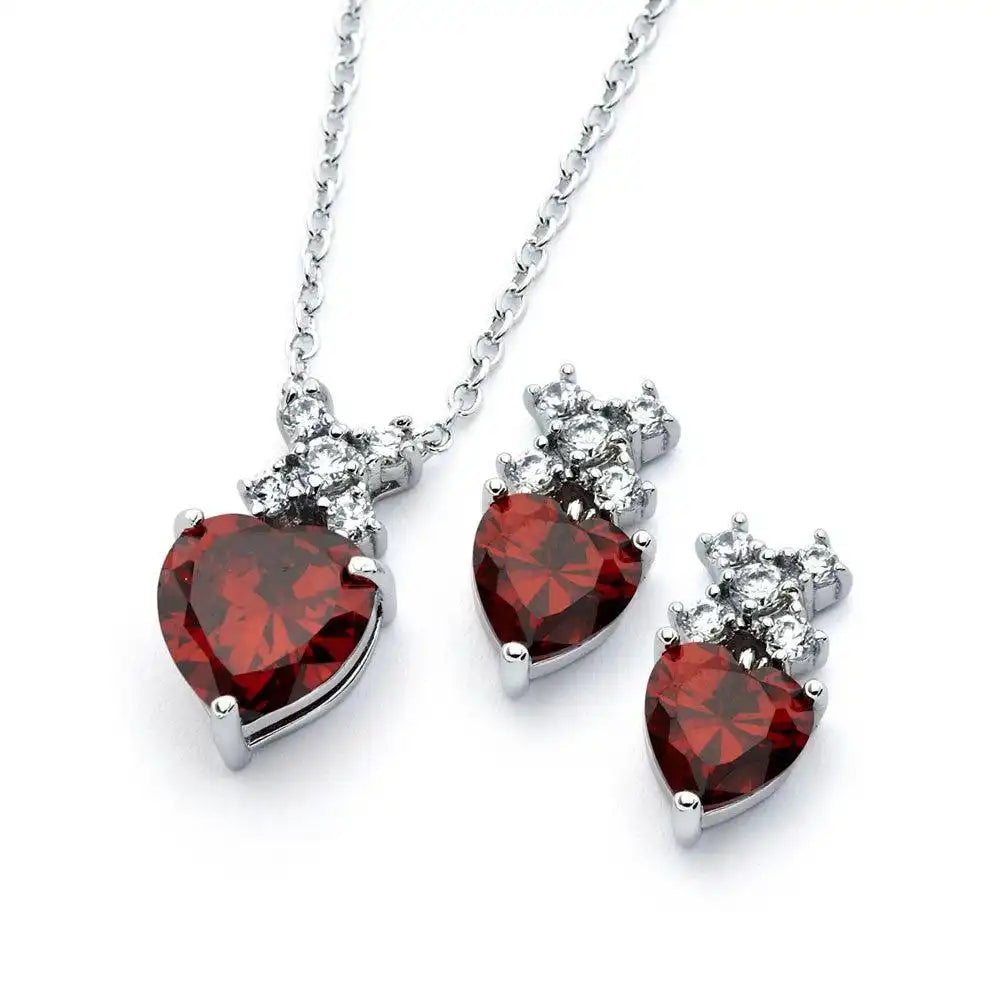 925 Sterling Silver Rhodium Plated Clear Round & Birthstone Heart CZ Stud Earring and Necklace Set