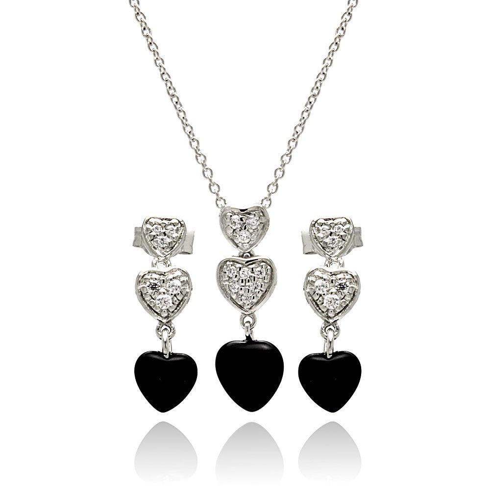925 Silver Rhodium Plated Dangling Heart CZ Black Onyx Stud Earring and Necklace Set