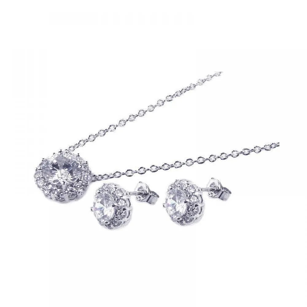925 Sterling Silver Rhodium Plated Round CZ Stud Earring and Necklace Set