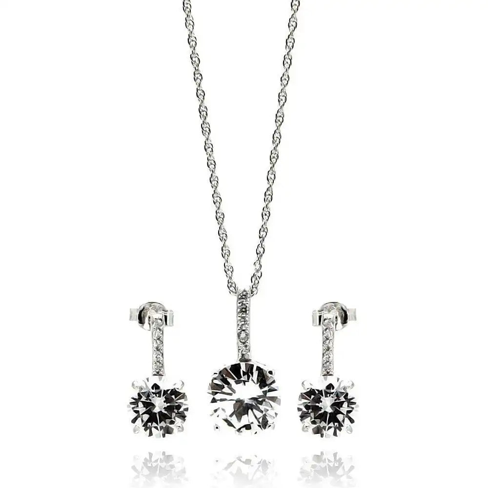 925 Sterling Silver Rhodium Plated Round CZ Dangling Earring and Necklace Set