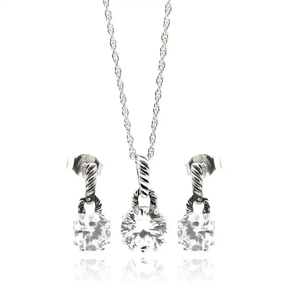 925 Sterling Silver Rhodium Plated Round Hand Cut Pineapple Cut CZ Dangling Matching Set
