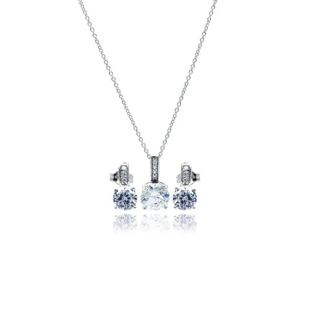 925 Sterling Silver Rhodium Plated Round CZ Stud Earring and Necklace Set