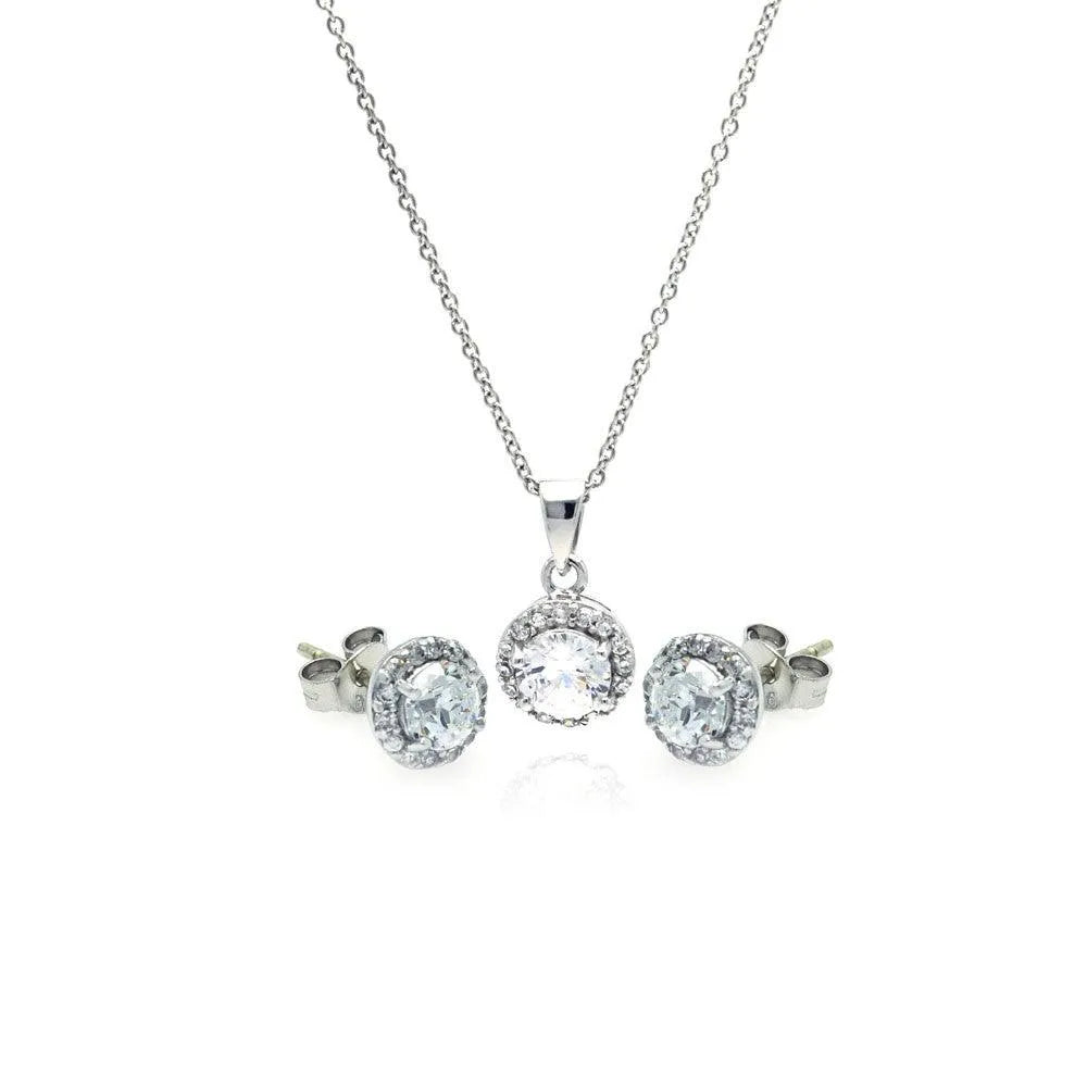 925 Sterling Silver Rhodium Plated Round CZ Stud Earring and Necklace Set