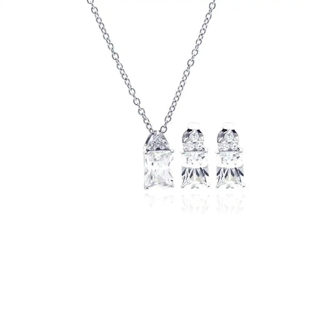 925 Sterling Silver Rhodium Plated Princess Cut CZ Stud Earring and Necklace Set