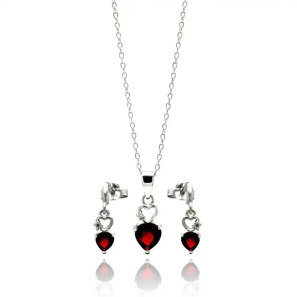 925 Sterling Silver Rhodium Plated Open Graduated Red Heart Stud Earring and Necklace Set