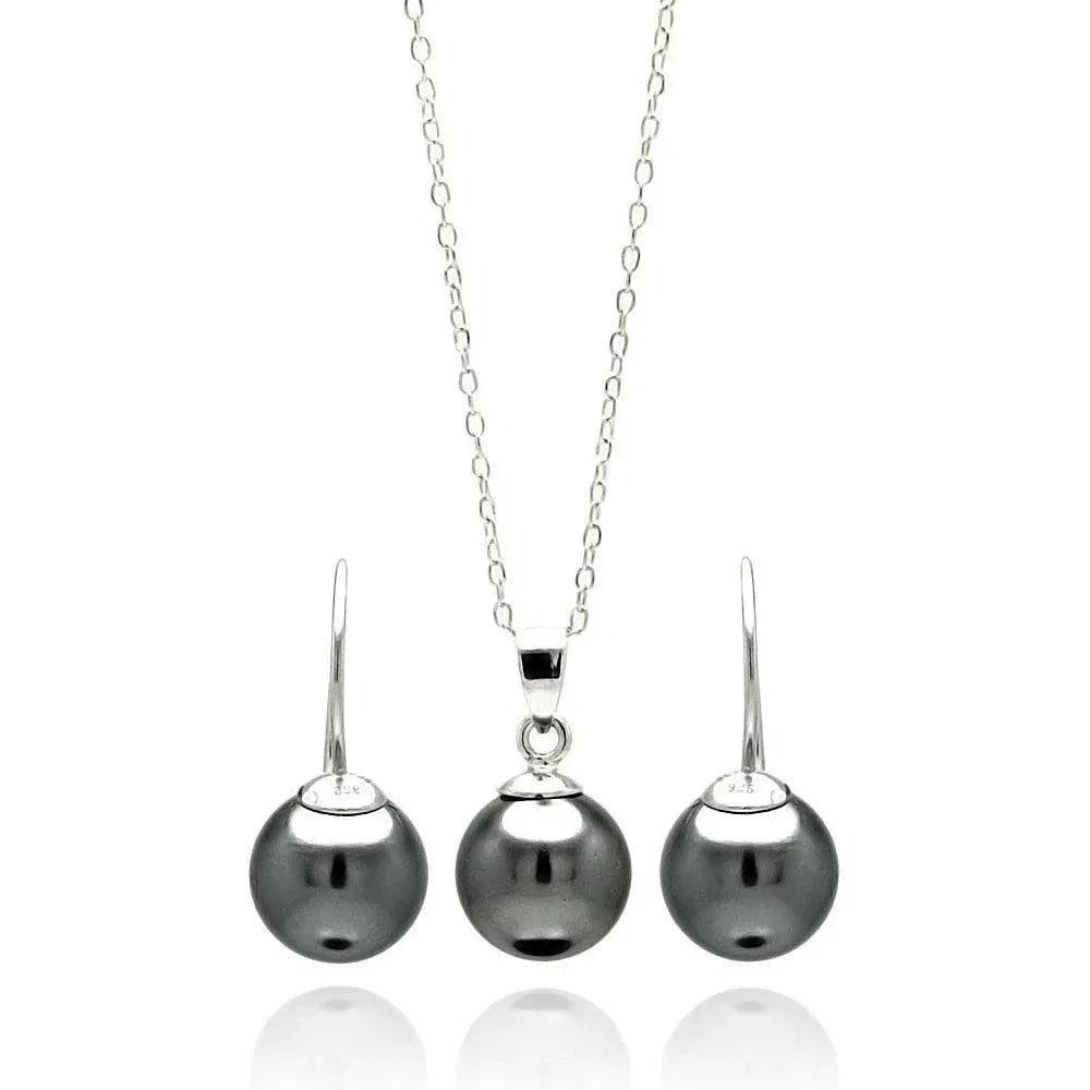 925 Sterling Silver Rhodium Plated Black Pearl Hanging Earring and Necklace Set