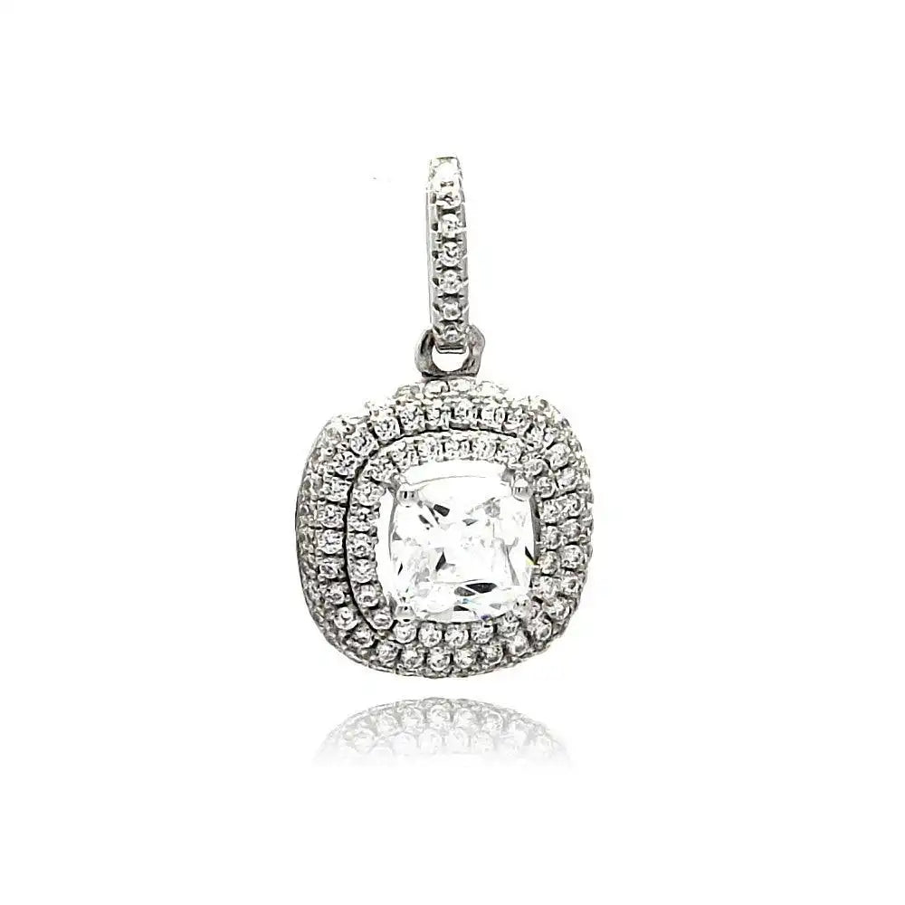 925 Sterling Silver Rhodium Plated Square Micro Pave CZ Dangling Pendant
