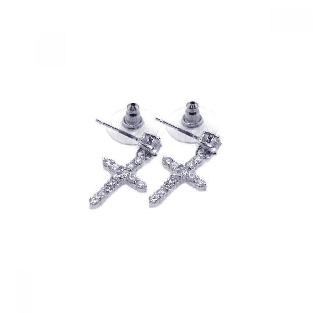 925 Silver Rhodium Plated Clear Cross CZ Stud Earring