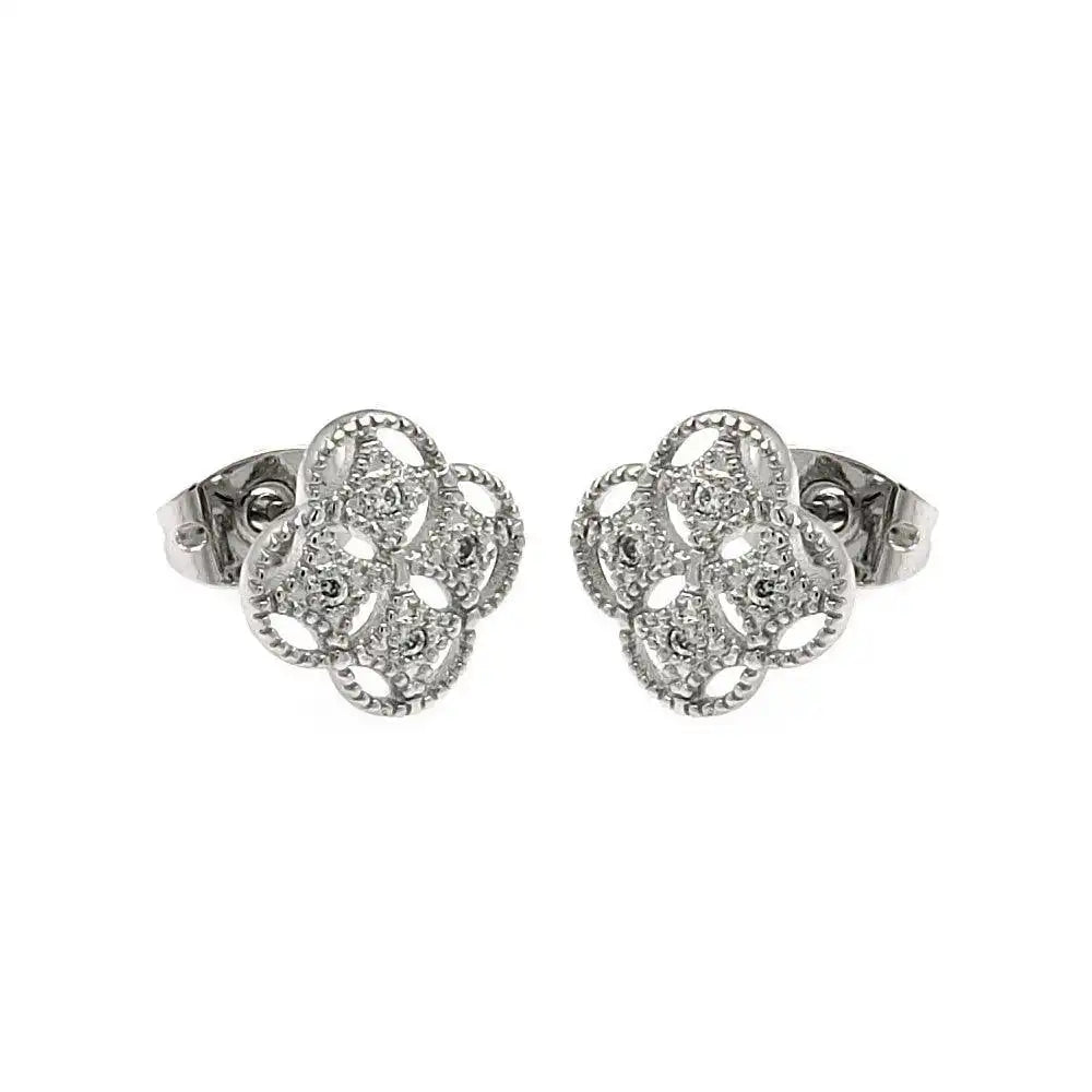 925 Sterling Silver Rhodium Plated Clover CZ Stud Earrings