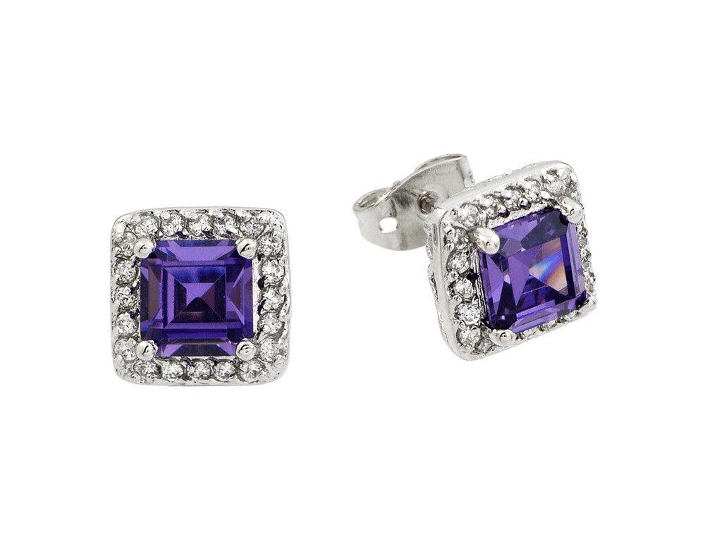 925 Silver Rhodium Plated Purple Square CZ Stud Earrings