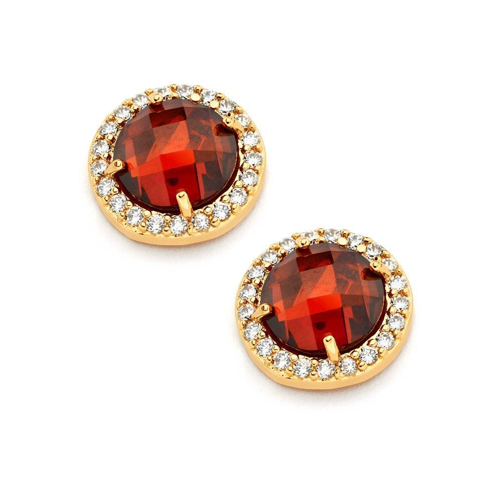 925 Silver Gold Plated Red Center Clear Outline CZ Stud Earrings