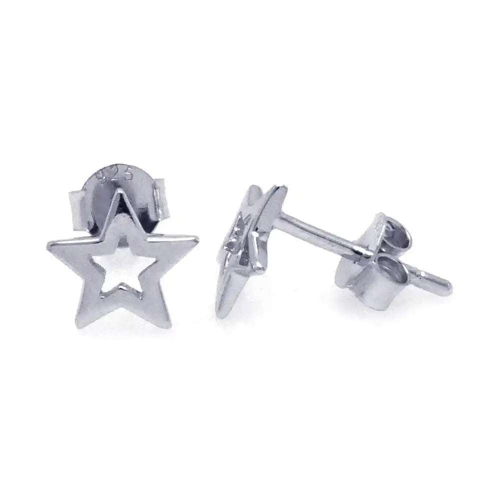 925 Sterling Silver Rhodium Plated Open Star CZ Post Earrings