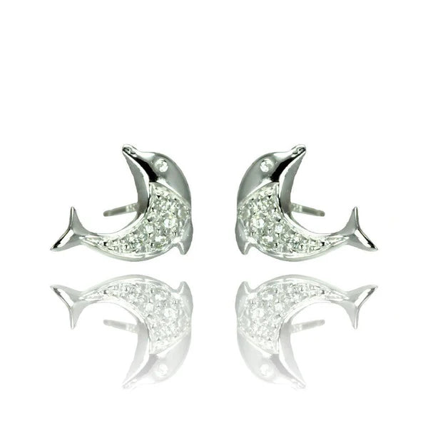 925 Sterling Silver Rhodium Plated Dolphin CZ Stud Earrings