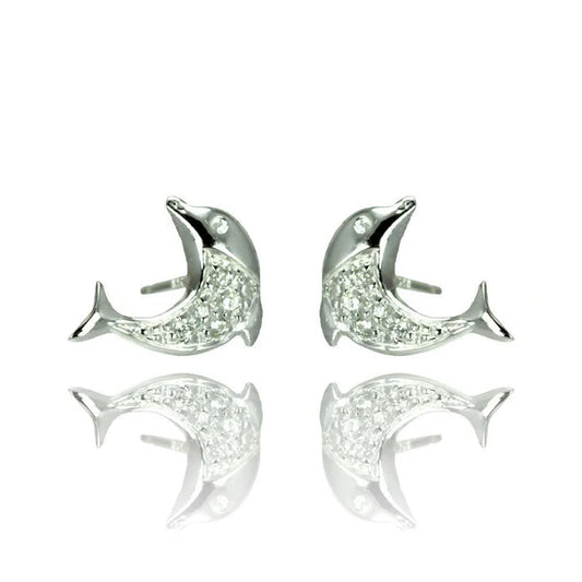 925 Sterling Silver Rhodium Plated Dolphin CZ Stud Earrings