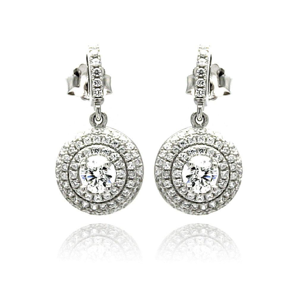 925 Silver Rhodium Plated Micro Pave Clear Round CZ Dangling Stud Earrings