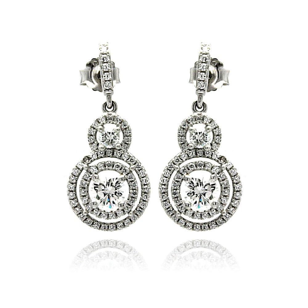 925 Silver Rhodium Plated Micro Pave Clear Graduated Circle CZ Dangling Stud Earrings