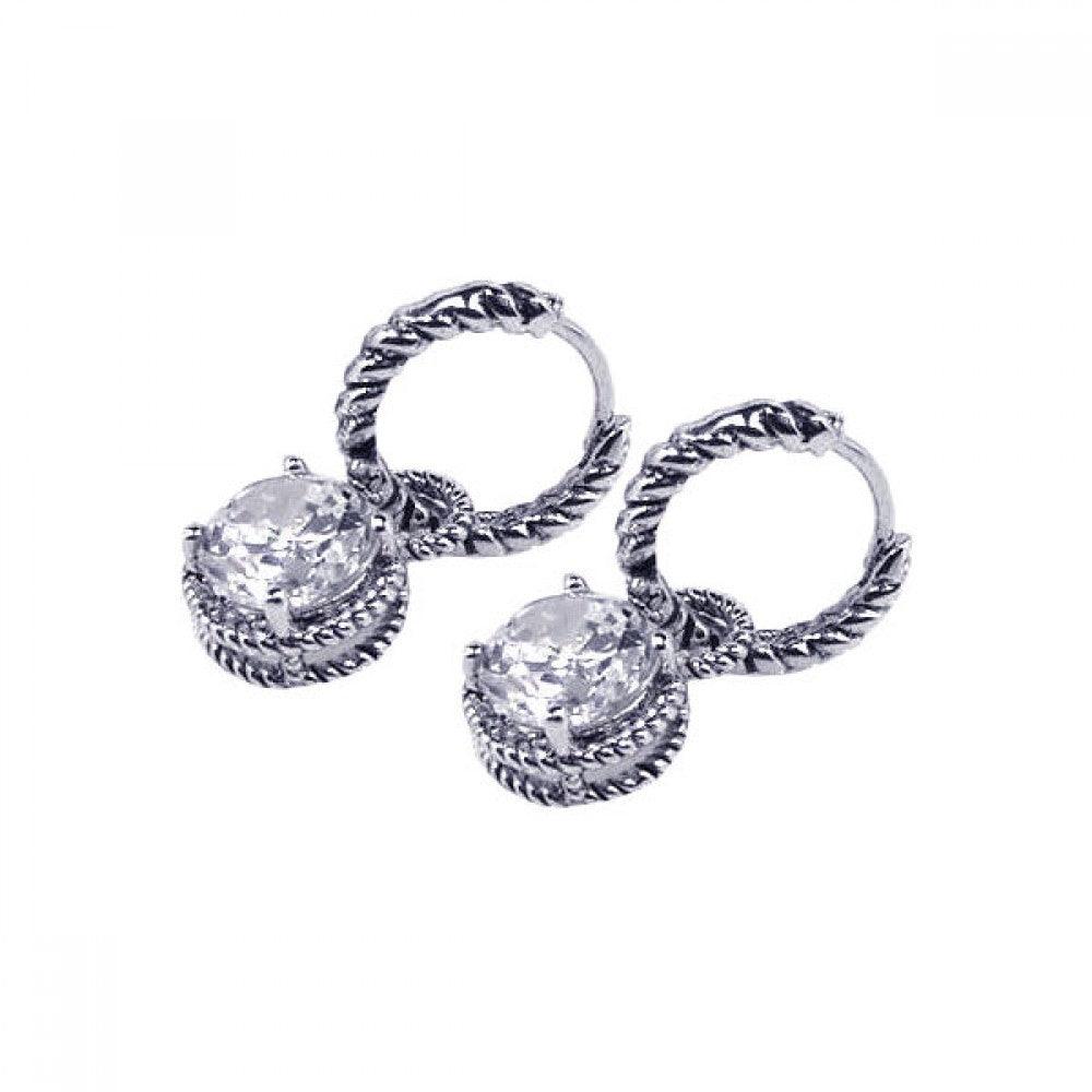925 Silver Rhodium Plated Round CZ Dangling Hoop Earrings