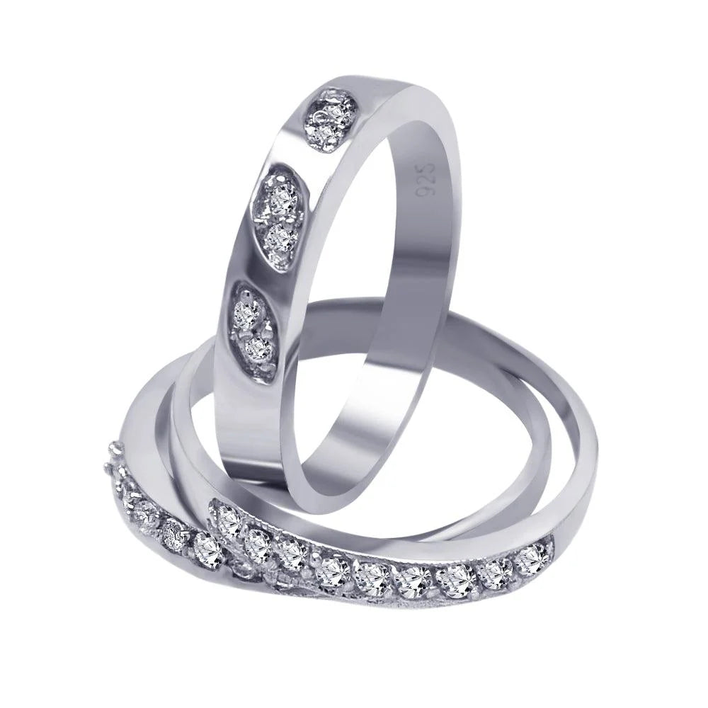 925 Silver Rhodium Plated Clear Pave CZ Ring Set